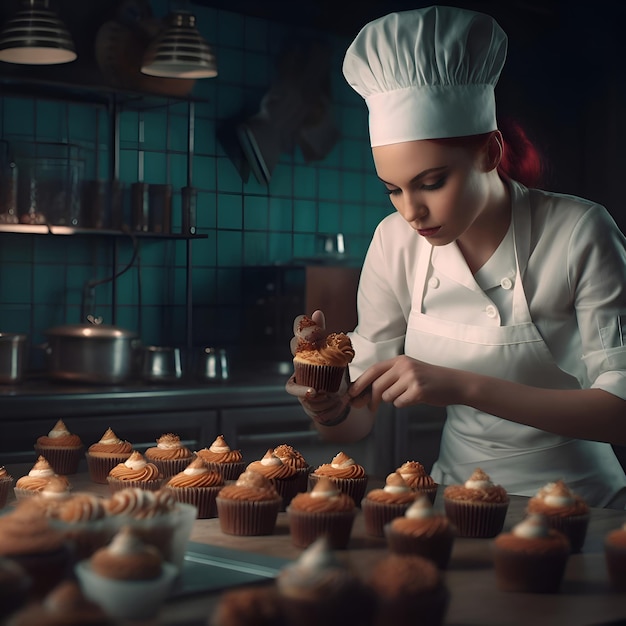 Une belle jeune femme cuisinière prépare des cupcakes dans la cuisine.