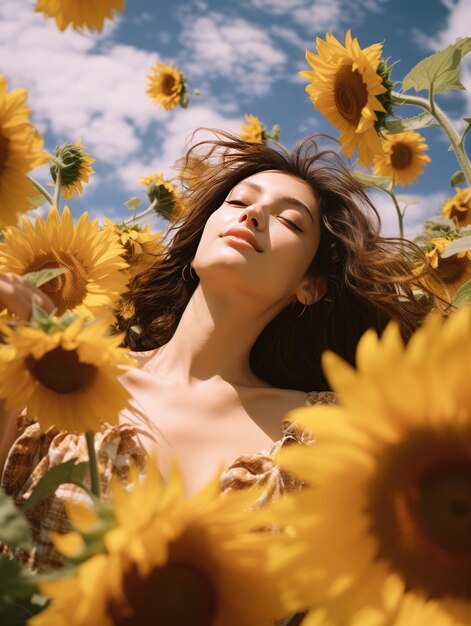 Photo une belle jeune femme dans un champ de tournesols par une journée ensoleillée