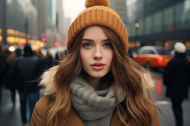 une belle jeune femme dans un chapeau d'hiver et un manteau dans une rue de la ville