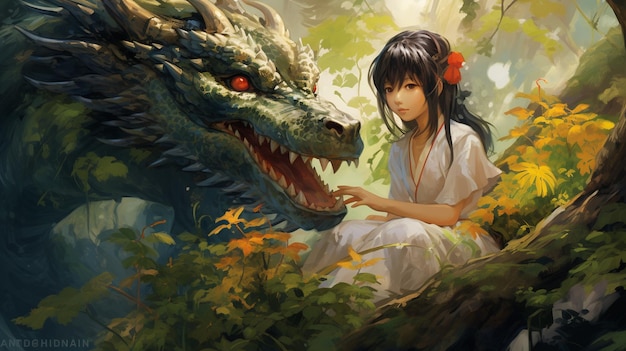 belle jeune femme dans une forêt avec un dragon