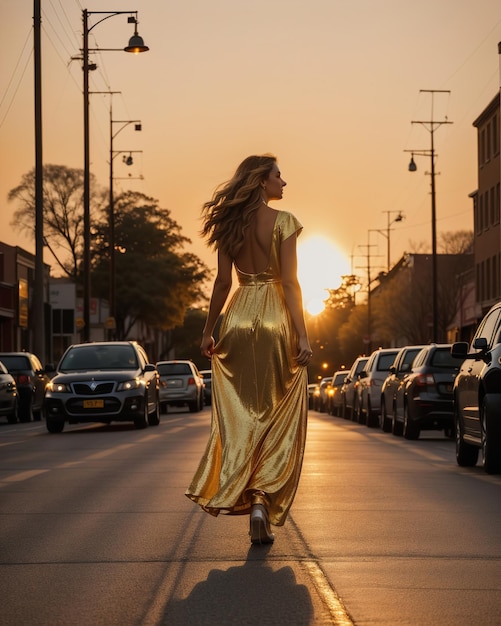 Une belle jeune femme dans une longue robe jaune se promène dans la rue au coucher du soleil