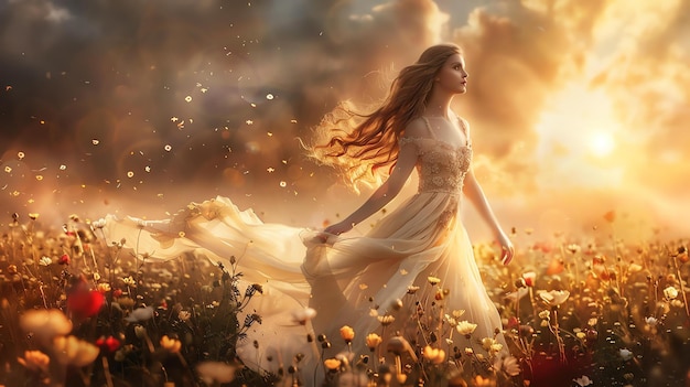 Photo une belle jeune femme dans une robe blanche coulante marche à travers un champ de fleurs le soleil se couche et le ciel est enflammé de couleurs