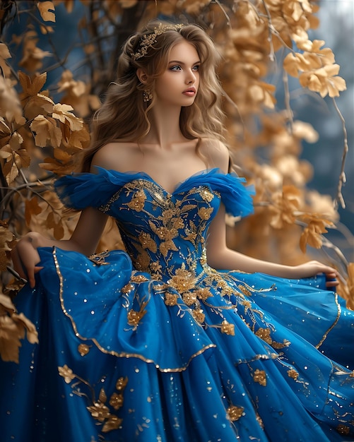 Une belle jeune femme dans une robe bleue posant