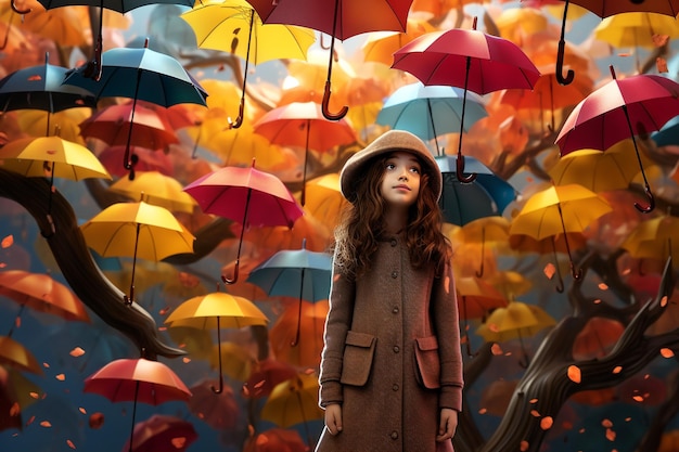 Une belle jeune femme dans une robe colorée avec un parapluie sous la pluie