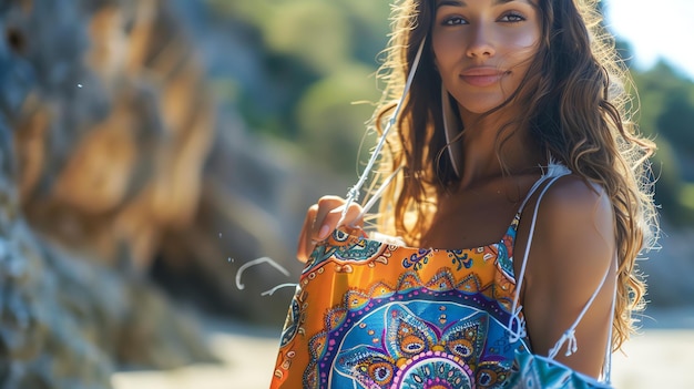 Photo une belle jeune femme dans une robe d'été colorée debout sur la plage souriant à la caméra