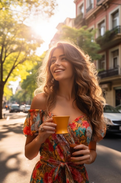 Une belle jeune femme dans une robe florale marche dans une rue ensoleillée