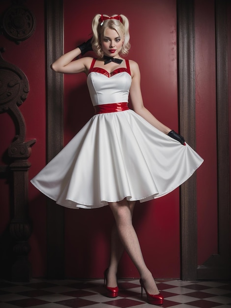 Une belle jeune femme dans une robe de style pinup et des talons hauts rouges ai générative