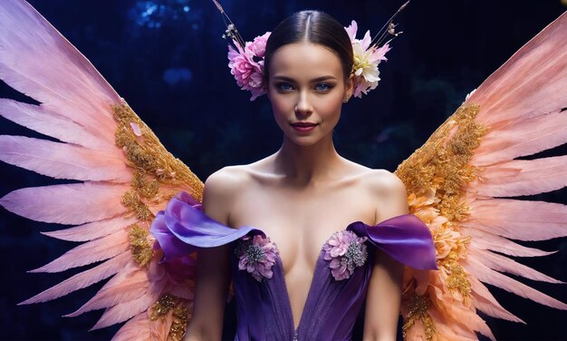 Une belle jeune femme dans une robe violette avec du maquillage et des fleurs beauté mode ai générative