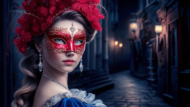 Photo la belle jeune femme dans un rouge masque vénitien mystérieux