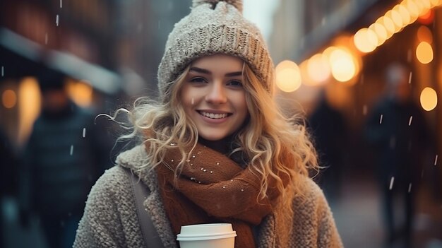 une belle jeune femme dans une ville d'hiver avec du café