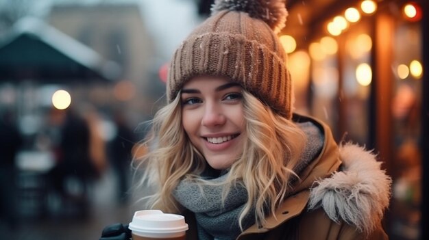 Photo une belle jeune femme dans une ville d'hiver avec du café