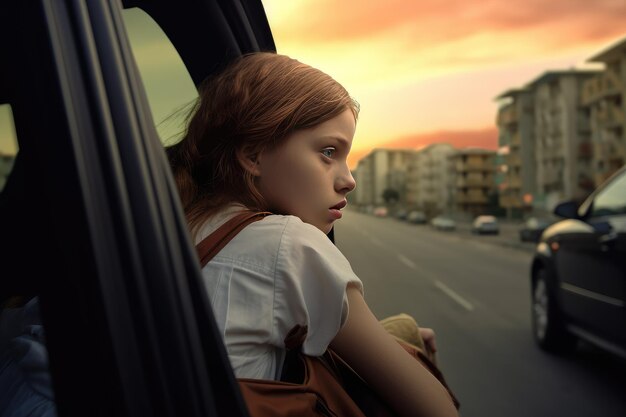 Photo une belle jeune femme dans la voiture regardant par la fenêtre au coucher du soleil