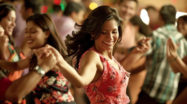 Photo une belle jeune femme danse de la salsa à une fête avec ses amies elle sourit et tient la main d'une autre femme