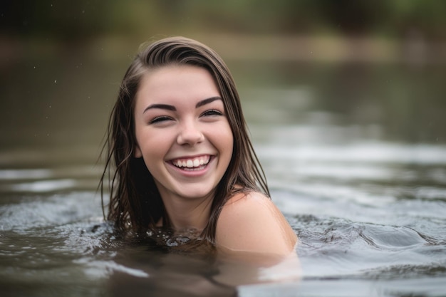 Une belle jeune femme debout dans l'eau avec un sourire créé avec une IA générative