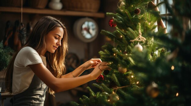 Une belle jeune femme décore un arbre de Noël à la maison pour les vacances.