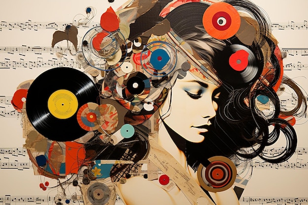 Belle jeune femme avec disque vinyle sur fond de collage de papier de notes musicales