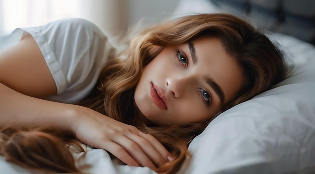 Belle jeune femme dormant en pyjama sur le linge blanc dans le lit à la maison jour du sommeil mondial