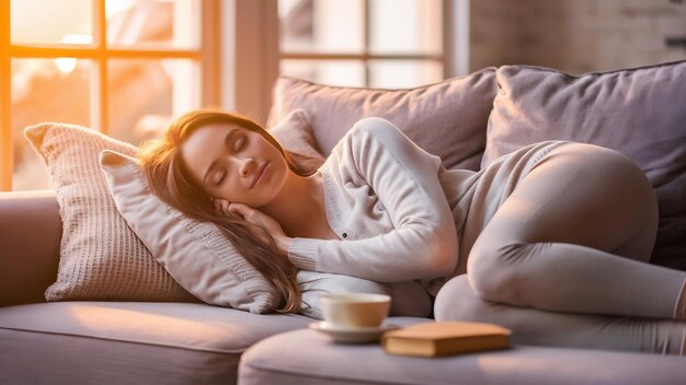 Une belle jeune femme dort sur le canapé à la maison.