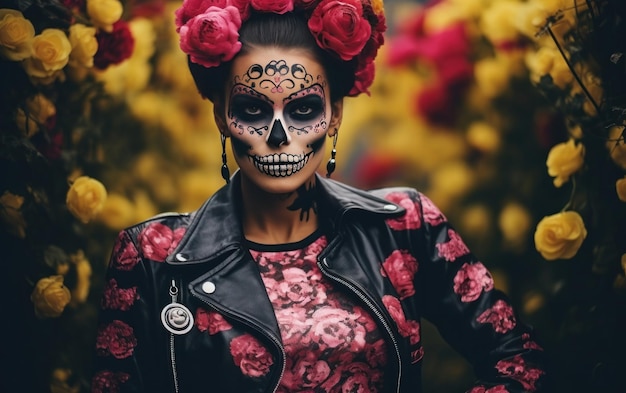 Une belle jeune femme avec du maquillage de crâne de sucre.