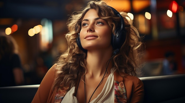 Une belle jeune femme écoute de la musique dans des écouteurs alors qu'elle est assise dans le salon de l'aéroport.