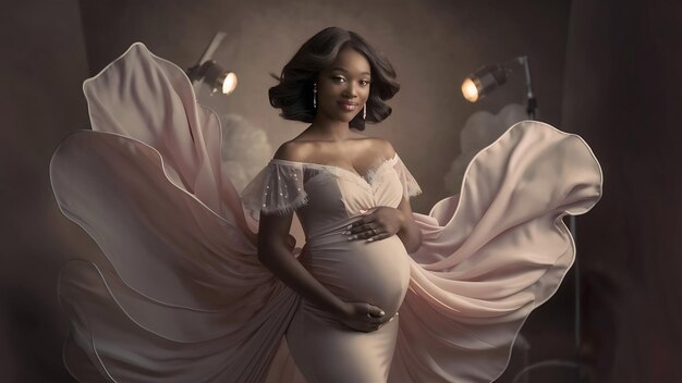 Une belle jeune femme enceinte pose dans un studio en robe.