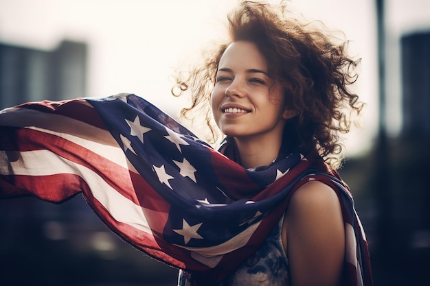 Une belle jeune femme enveloppée dans un drapeau américain sur son cou dans le domaine