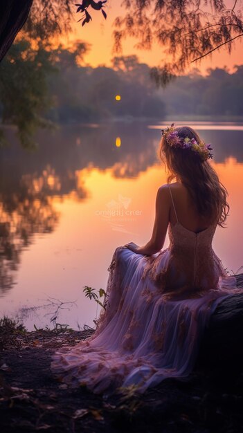 Photo une belle jeune femme est assise au bord du lac brumeux au crépuscule portant une robe à la lumière de bougies romantiques