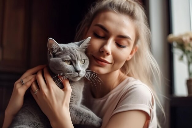 Belle jeune femme est assise sur le sol avec un chat à la maison Generative AI