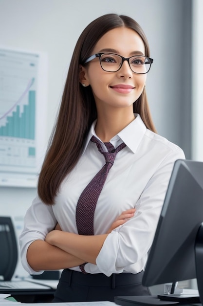 Une belle jeune femme exhalant un air de confiance et d'intellect dans un bureau moderne et élégant.