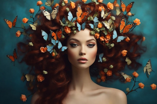 Une belle jeune femme avec des fleurs dans les cheveux et des papillons sur la tête.