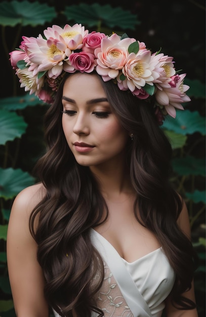 belle jeune femme avec des fleurs dans les cheveux regardant la caméra isolée sur gris ai générative