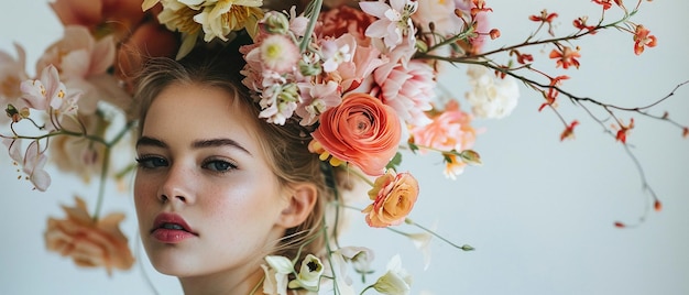 Une belle jeune femme avec des fleurs dans les cheveux