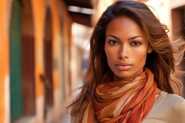 Une belle jeune femme avec un foulard dans une ruelle ensoleillée.