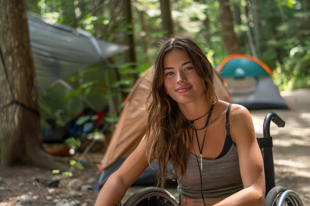 Une belle jeune femme handicapée assise dans un fauteuil roulant près d'une tente dans un camping dans la forêt