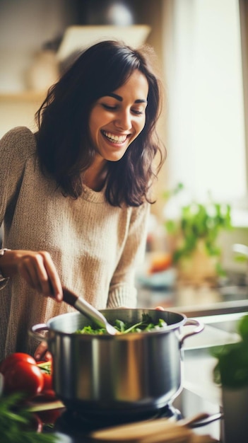 belle jeune femme heureuse est en train de cuisiner dans la cuisine de la maison et de tester une soupe de la casserole sur le