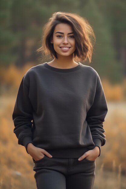 Une belle jeune femme heureuse regardant la caméra portant un sweat-shirt gris foncé uni soft ou