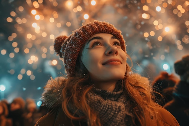 Une belle jeune femme heureuse regardant le ciel avec des feux d'artifice en gros plan