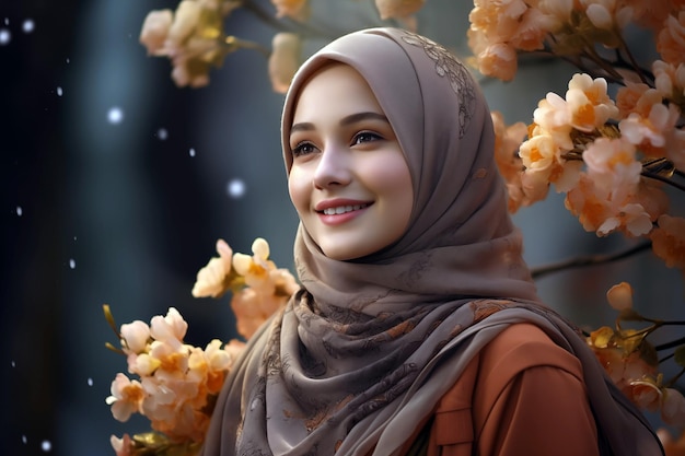 Photo une belle jeune femme en hijab souriant dans la floraison du printemps