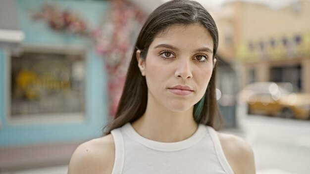 Belle jeune femme hispanique debout avec une expression sérieuse à la terrasse du café