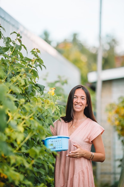 Belle jeune femme jardinage dans la serre