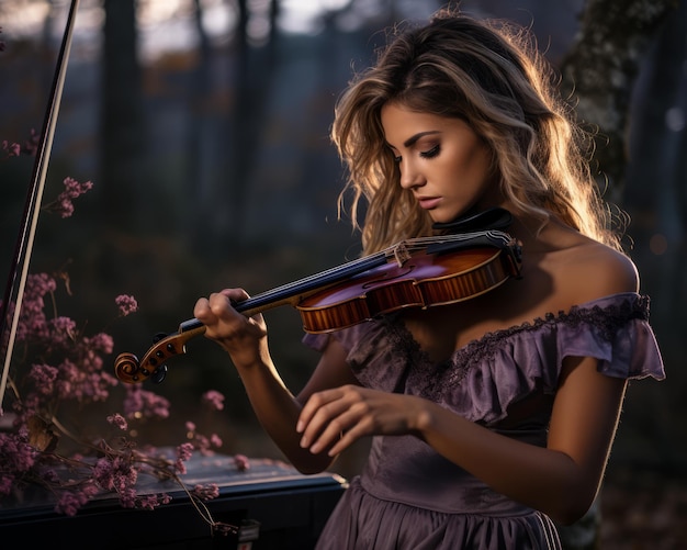 Photo belle jeune femme jouant du violon dans la forêt