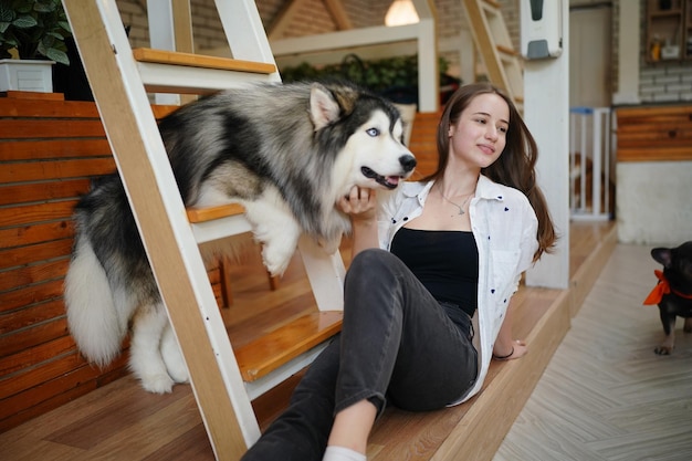 Belle jeune femme jouant avec son chien