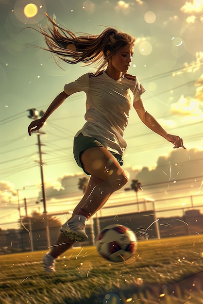 Une belle jeune femme joue au football.