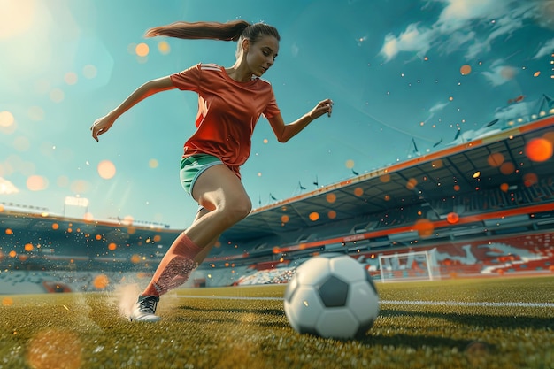 Une belle jeune femme joue au football.