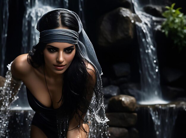 Une belle jeune femme en lingerie noire et un bandeau sur la tête posant près d'une cascade