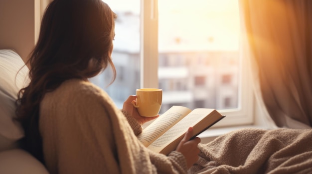 Belle jeune femme lisant un livre à la maisonCréé avec la technologie Generative AI