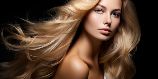 Photo belle jeune femme avec de longs cheveux blonds ondulés en bonne santé coiffure coiffure teinture cheveux soin des cheveux