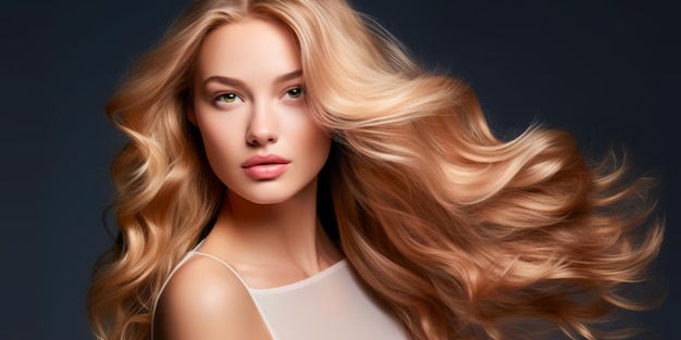 Belle jeune femme avec de longs cheveux blonds ondulés en bonne santé Coiffure coiffure teinture cheveux soin des cheveux