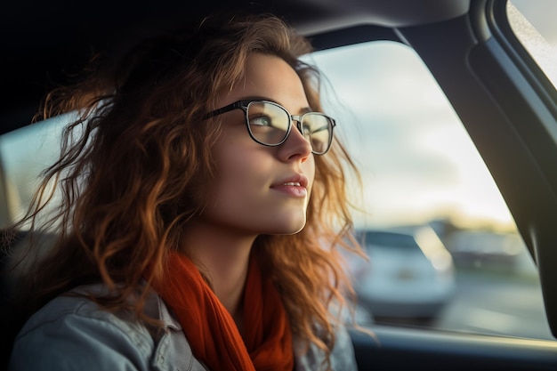 Une belle jeune femme avec des lunettes dans la voiture.