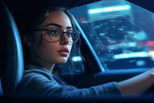 Une belle jeune femme avec des lunettes qui conduit une voiture.